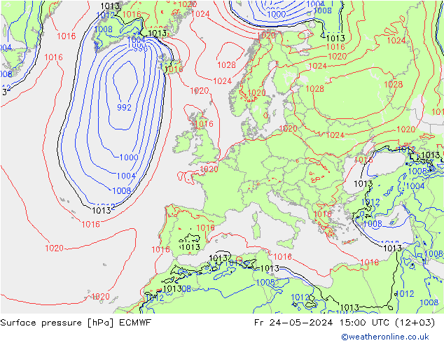 Presión superficial ECMWF vie 24.05.2024 15 UTC