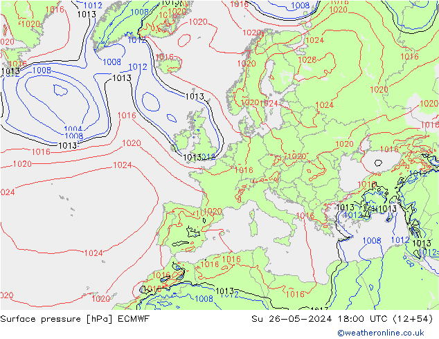 Luchtdruk (Grond) ECMWF zo 26.05.2024 18 UTC