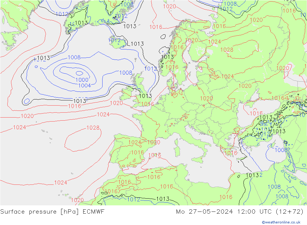 Atmosférický tlak ECMWF Po 27.05.2024 12 UTC