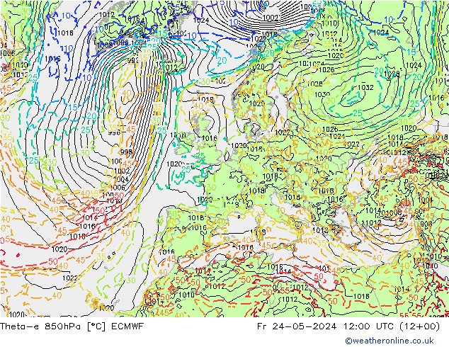 Theta-e 850hPa ECMWF vie 24.05.2024 12 UTC