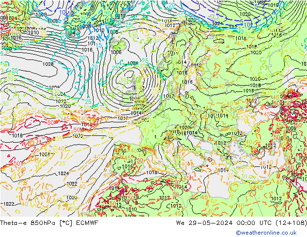 Theta-e 850hPa ECMWF wo 29.05.2024 00 UTC