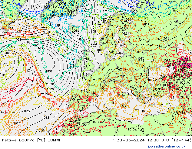 Theta-e 850hPa ECMWF do 30.05.2024 12 UTC