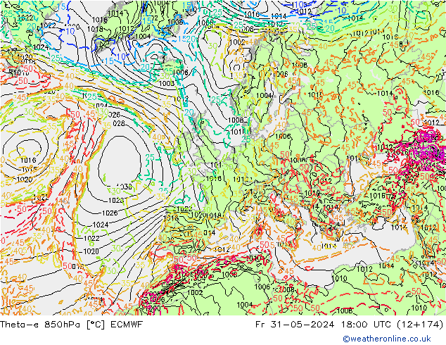 Theta-e 850hPa ECMWF ven 31.05.2024 18 UTC