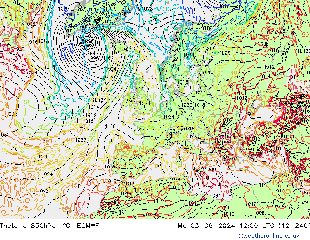 Theta-e 850hPa ECMWF lun 03.06.2024 12 UTC