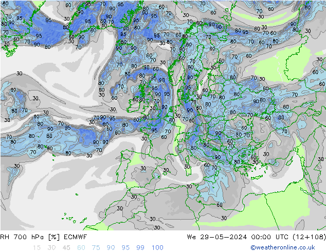 RH 700 hPa ECMWF We 29.05.2024 00 UTC