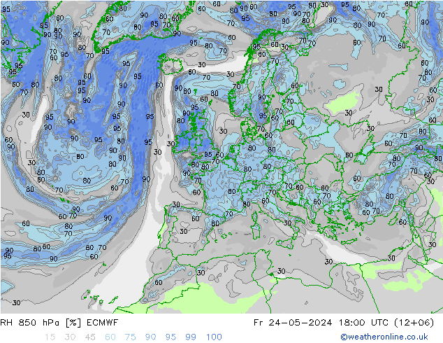 RH 850 гПа ECMWF пт 24.05.2024 18 UTC