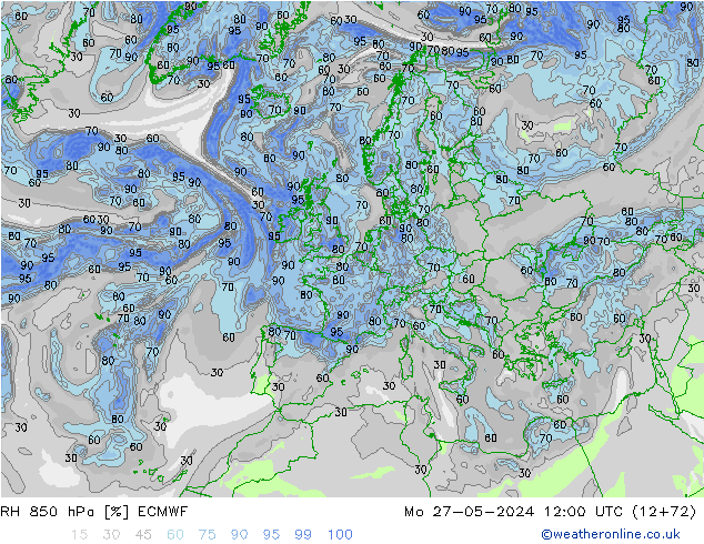 RH 850 hPa ECMWF Mo 27.05.2024 12 UTC