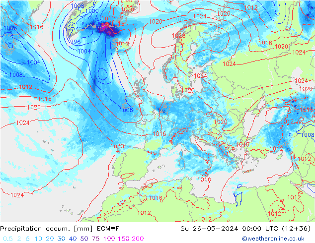 Precipitación acum. ECMWF dom 26.05.2024 00 UTC