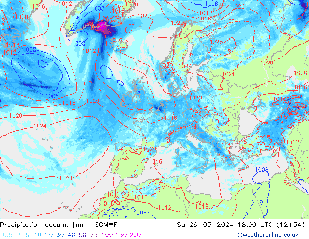 Precipitation accum. ECMWF dom 26.05.2024 18 UTC