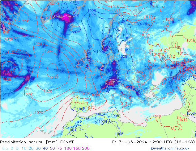 Precipitation accum. ECMWF Fr 31.05.2024 12 UTC