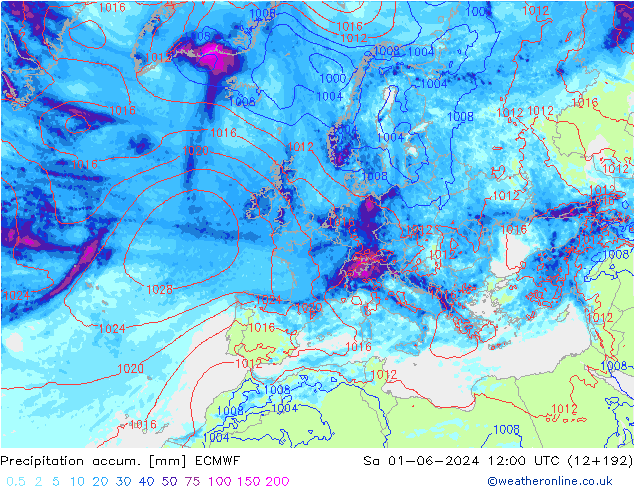 Precipitation accum. ECMWF Sa 01.06.2024 12 UTC