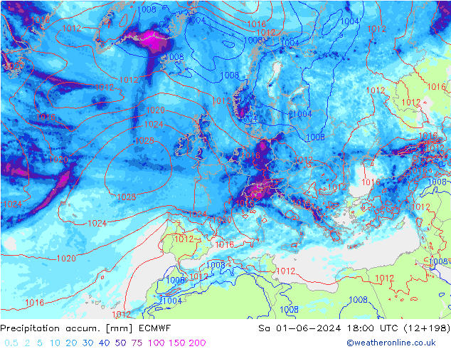 Precipitation accum. ECMWF сб 01.06.2024 18 UTC