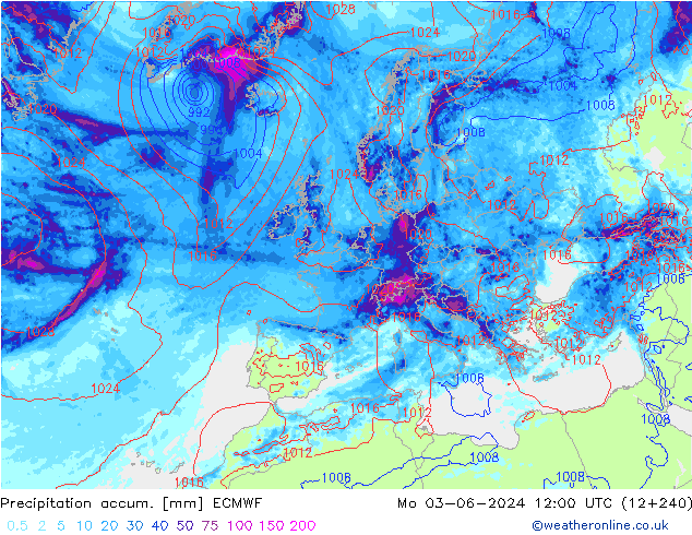 Precipitation accum. ECMWF Mo 03.06.2024 12 UTC