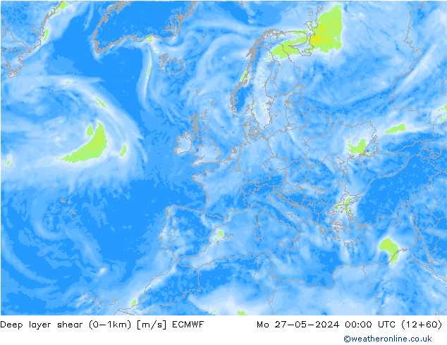 Deep layer shear (0-1km) ECMWF Pzt 27.05.2024 00 UTC