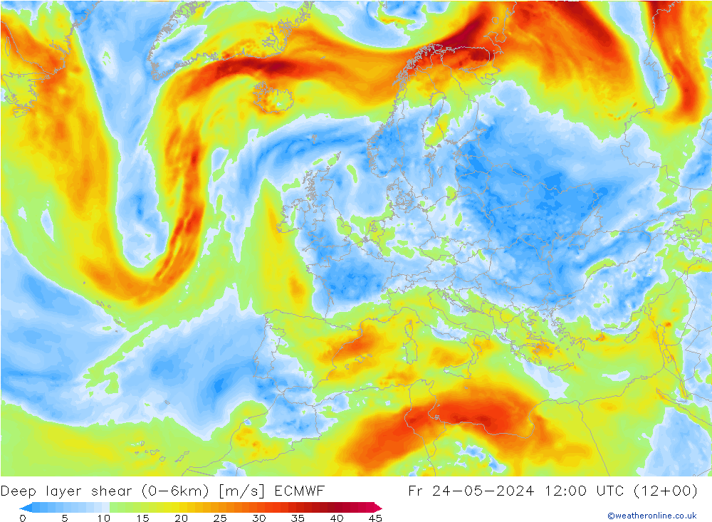 Deep layer shear (0-6km) ECMWF пт 24.05.2024 12 UTC