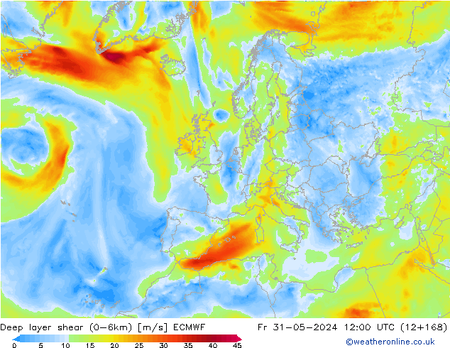 Deep layer shear (0-6km) ECMWF vr 31.05.2024 12 UTC