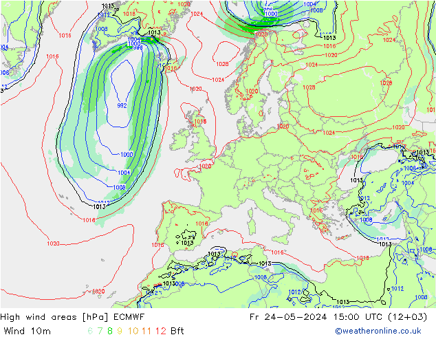 High wind areas ECMWF Sex 24.05.2024 15 UTC