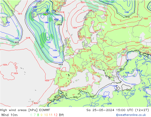 High wind areas ECMWF Sa 25.05.2024 15 UTC