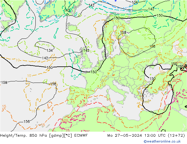 Z500/Rain (+SLP)/Z850 ECMWF pon. 27.05.2024 12 UTC