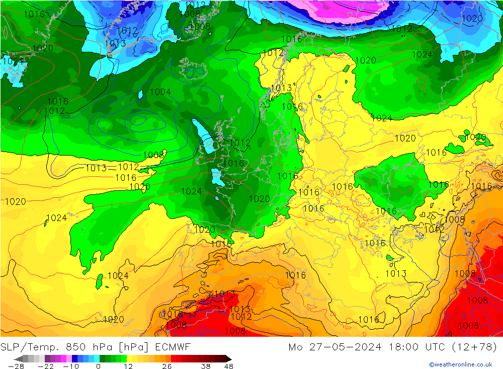 SLP/Temp. 850 hPa ECMWF Mo 27.05.2024 18 UTC