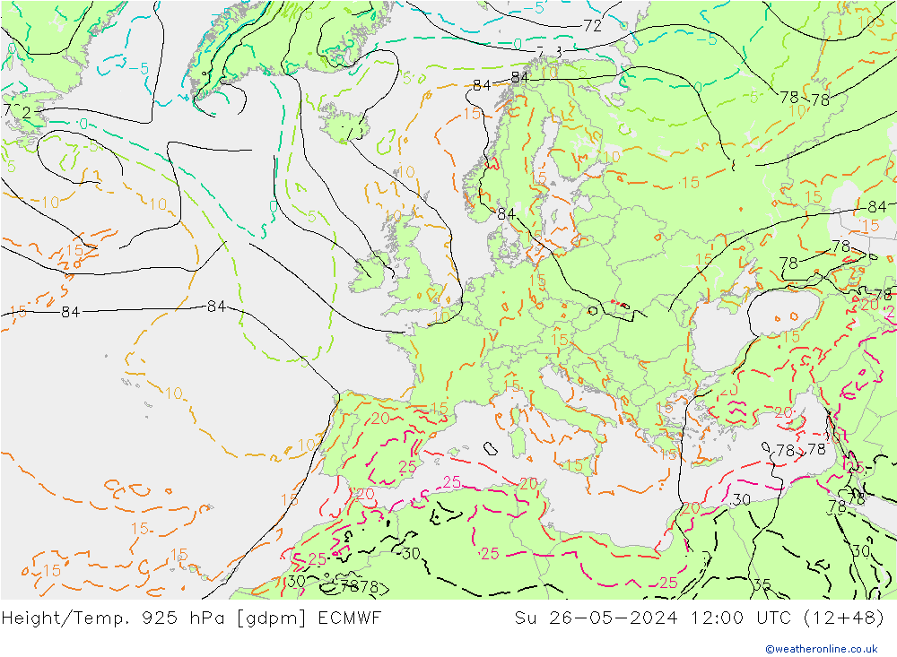 Height/Temp. 925 hPa ECMWF dom 26.05.2024 12 UTC