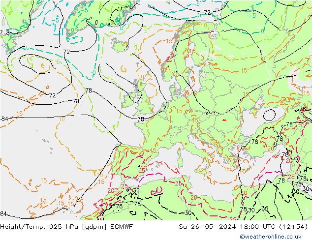 Height/Temp. 925 hPa ECMWF Dom 26.05.2024 18 UTC