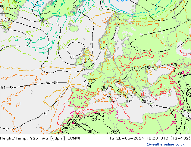 Height/Temp. 925 hPa ECMWF Di 28.05.2024 18 UTC