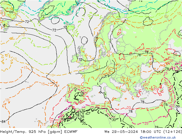 Height/Temp. 925 hPa ECMWF We 29.05.2024 18 UTC