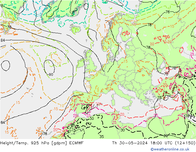 Height/Temp. 925 hPa ECMWF Th 30.05.2024 18 UTC