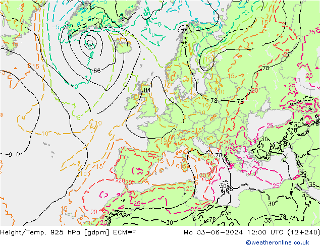 Height/Temp. 925 hPa ECMWF lun 03.06.2024 12 UTC