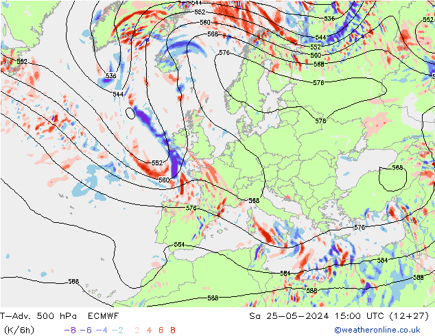 T-Adv. 500 hPa ECMWF Sa 25.05.2024 15 UTC