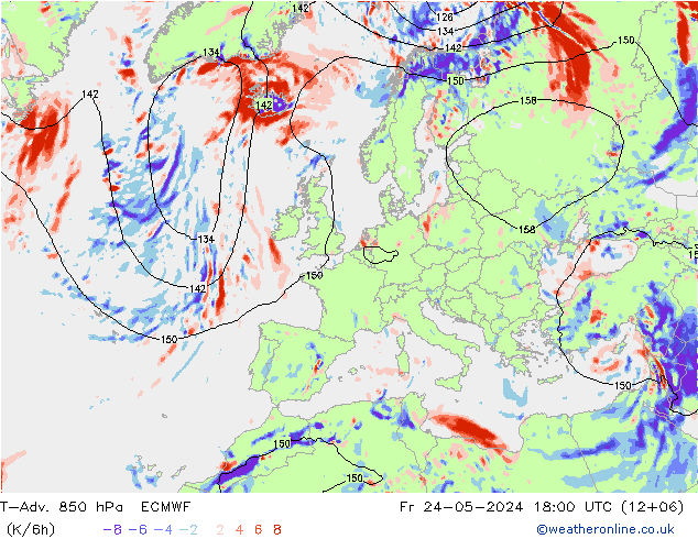 T-Adv. 850 hPa ECMWF Fr 24.05.2024 18 UTC