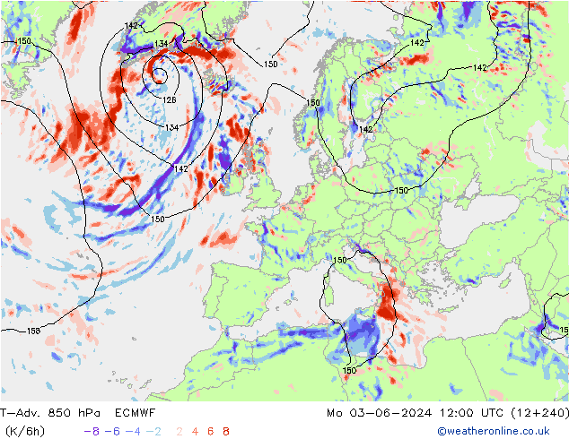 T-Adv. 850 гПа ECMWF пн 03.06.2024 12 UTC