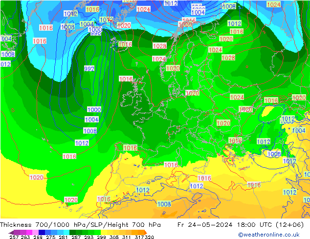 Schichtdicke 700-1000 hPa ECMWF Fr 24.05.2024 18 UTC