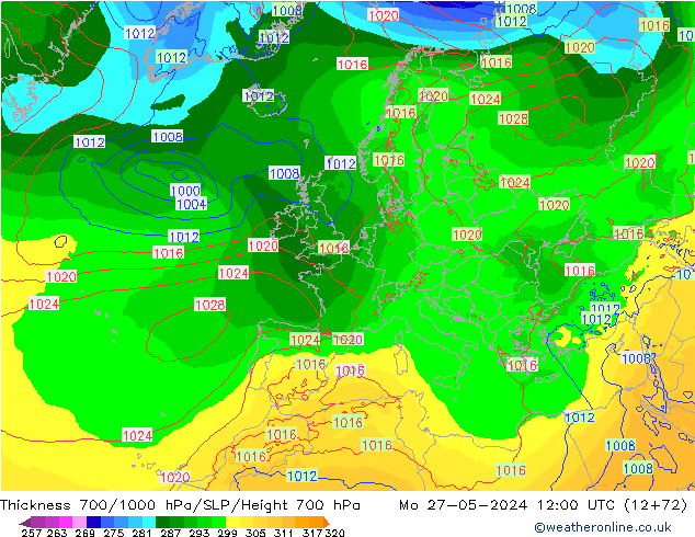 Schichtdicke 700-1000 hPa ECMWF Mo 27.05.2024 12 UTC