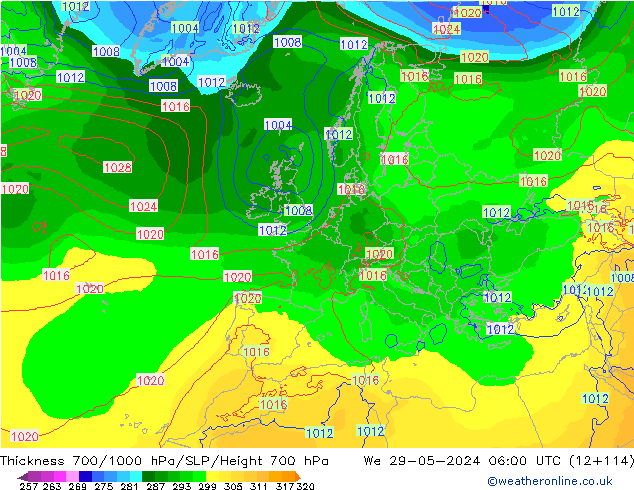 Schichtdicke 700-1000 hPa ECMWF Mi 29.05.2024 06 UTC