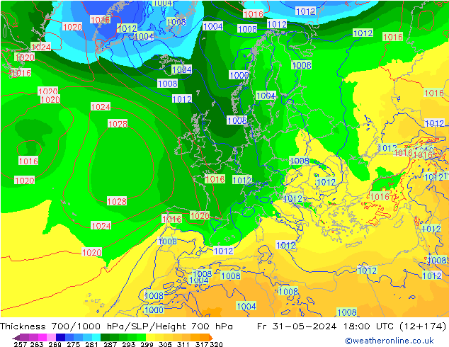 Thck 700-1000 hPa ECMWF Fr 31.05.2024 18 UTC