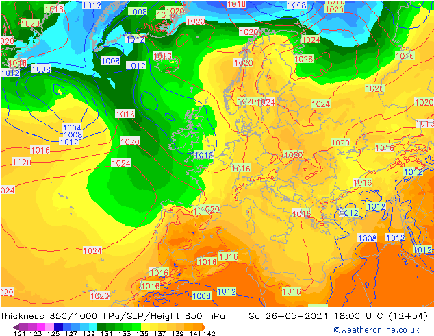 Thck 850-1000 hPa ECMWF Su 26.05.2024 18 UTC