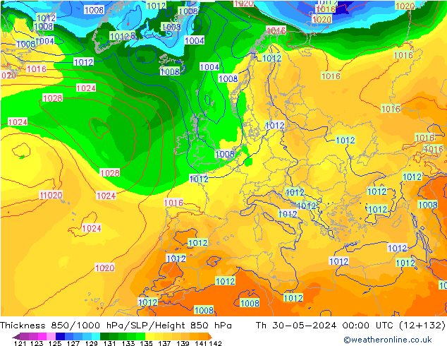 Thck 850-1000 hPa ECMWF czw. 30.05.2024 00 UTC