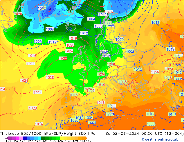 Thck 850-1000 hPa ECMWF Su 02.06.2024 00 UTC