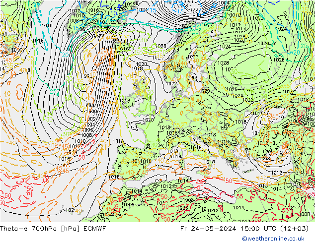 Theta-e 700hPa ECMWF Fr 24.05.2024 15 UTC