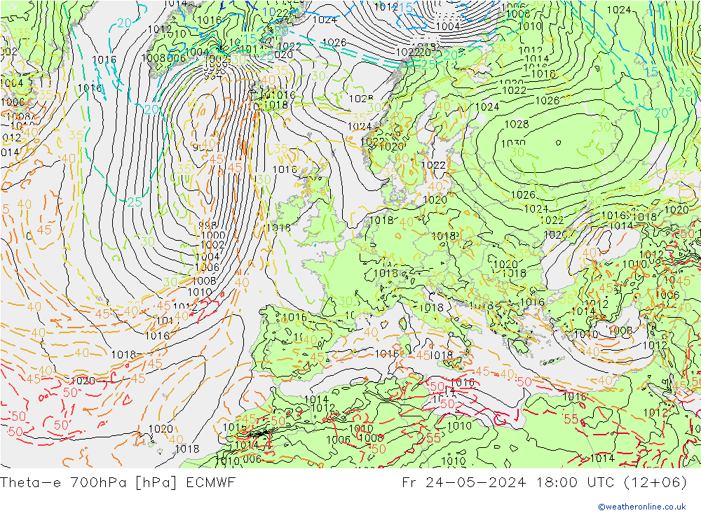 Theta-e 700hPa ECMWF ven 24.05.2024 18 UTC