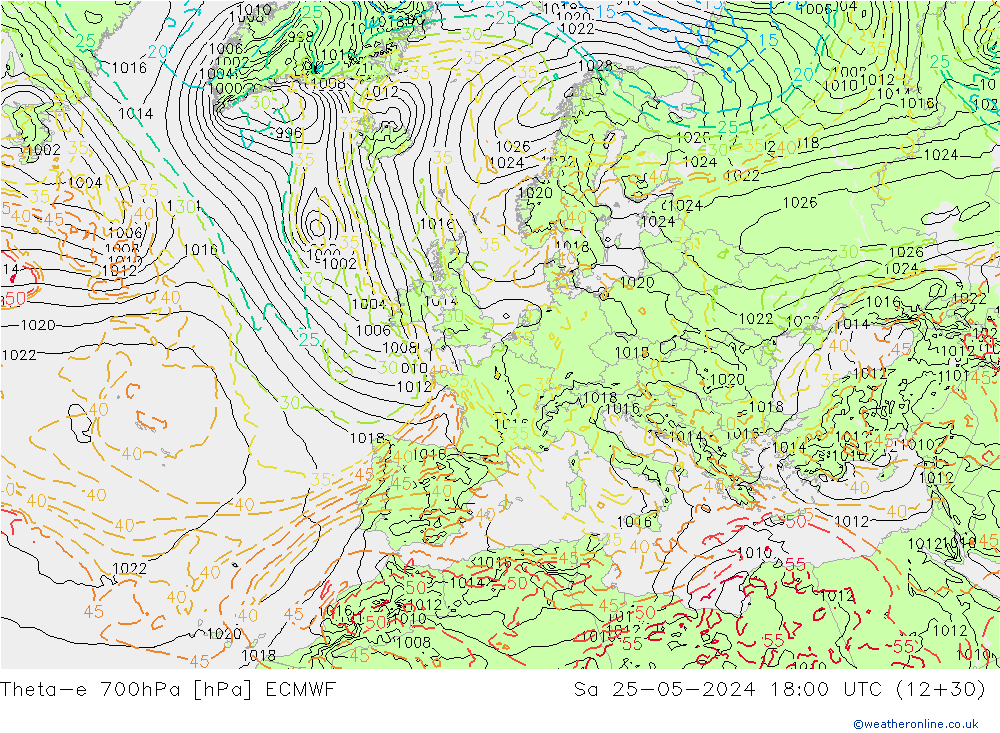 Theta-e 700hPa ECMWF  25.05.2024 18 UTC