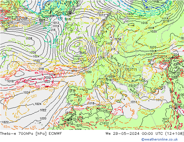 Theta-e 700hPa ECMWF mié 29.05.2024 00 UTC