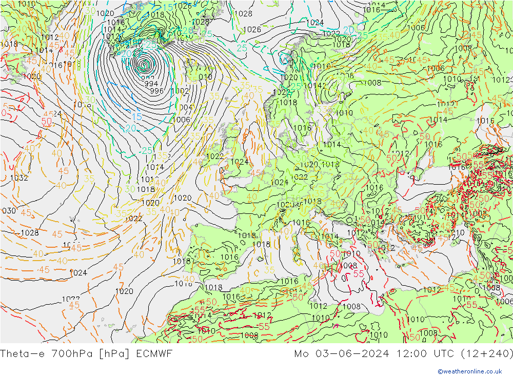 Theta-e 700hPa ECMWF pon. 03.06.2024 12 UTC