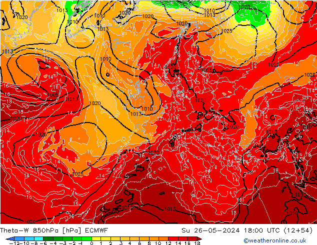 Theta-W 850гПа ECMWF Вс 26.05.2024 18 UTC