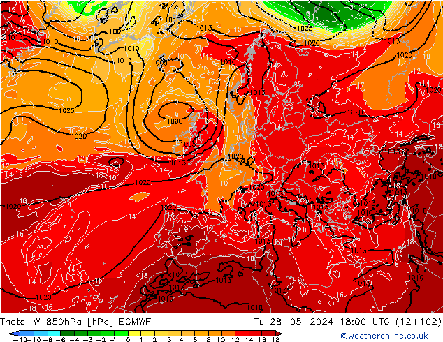 Theta-W 850hPa ECMWF Tu 28.05.2024 18 UTC