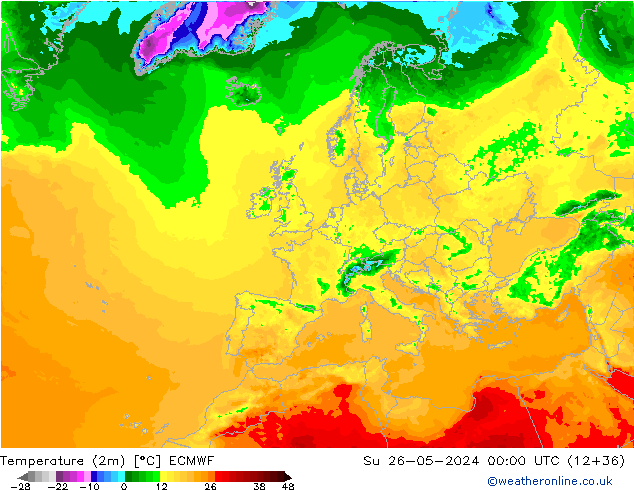 mapa temperatury (2m) ECMWF nie. 26.05.2024 00 UTC