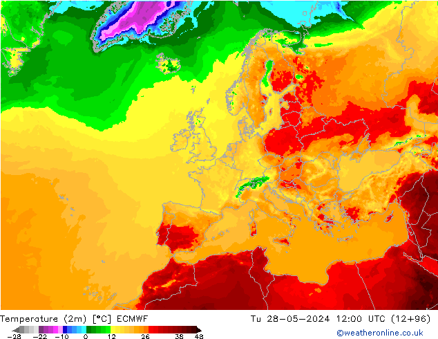 Temperatura (2m) ECMWF mar 28.05.2024 12 UTC