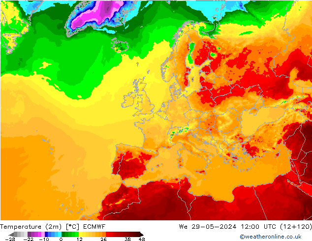Temperatuurkaart (2m) ECMWF wo 29.05.2024 12 UTC